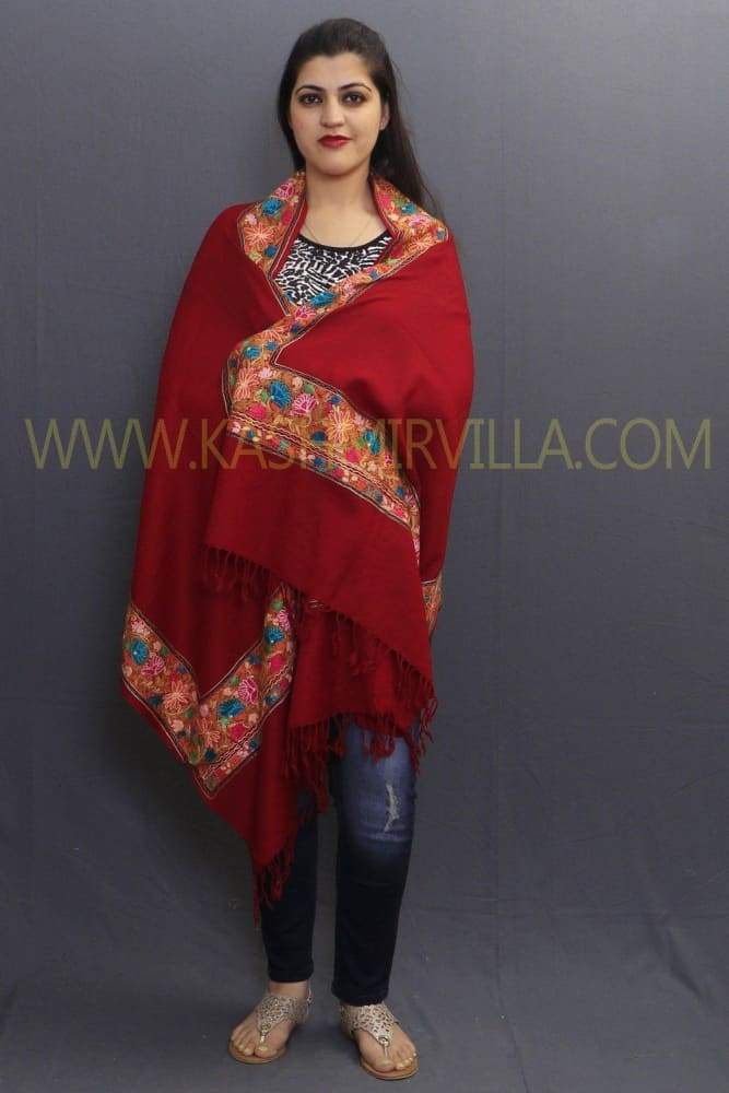 Hot Red Colour Sozni Work Kashmiri Handwoven Stole On Semi