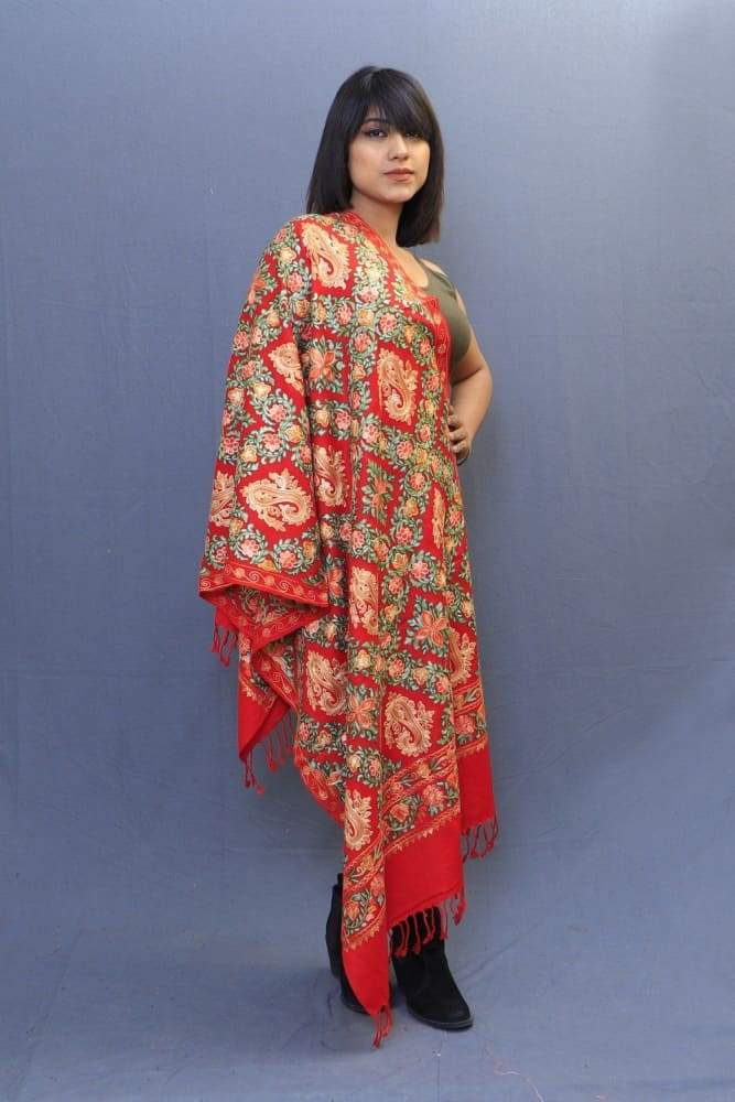 Hot Red Colour Stole With kashmiri Embroidery Compliments