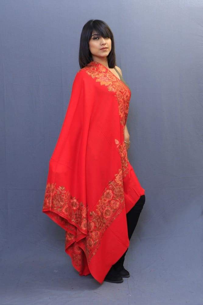 Hot Red Colour Stole With Kashmiri Four Sided Border Add