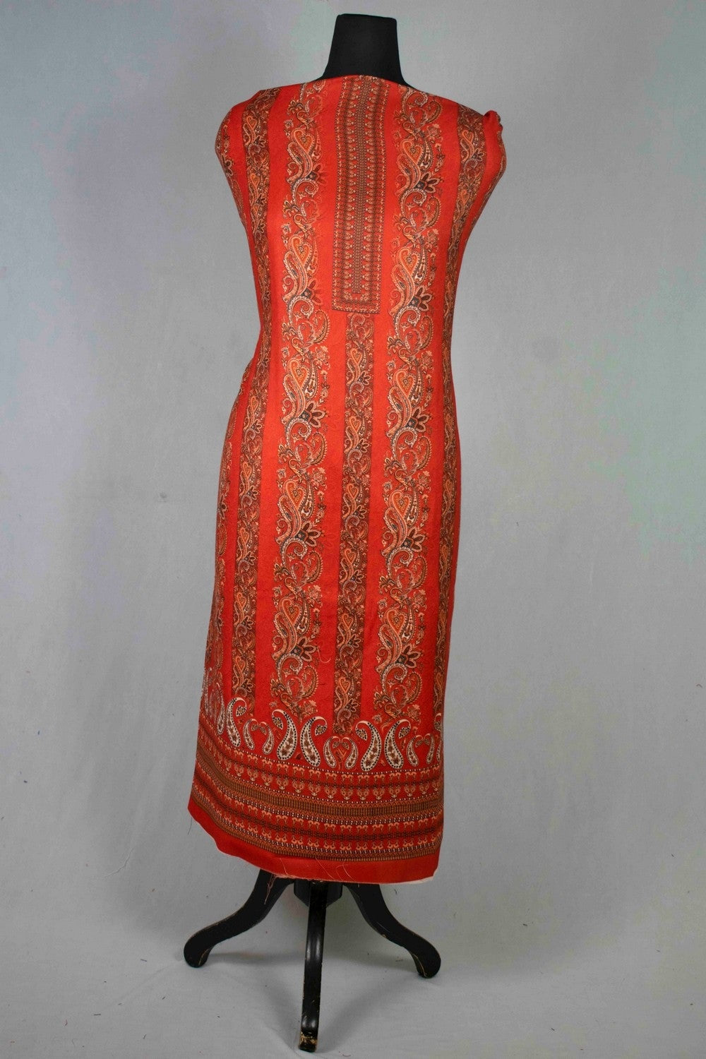 Hot Red Colour Woolen Kani Printed Suit With Neck