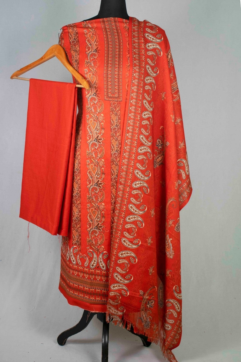 Hot Red Colour Woolen Kani Printed Suit With Neck