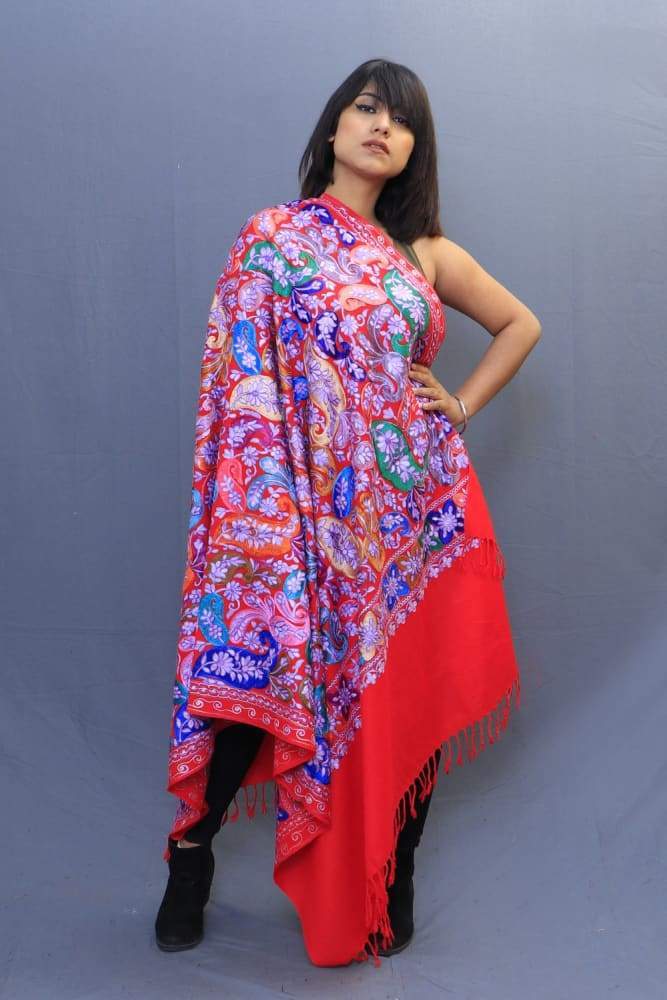 Hot Red Colour Wrap With Richly Designed Aari Jaal