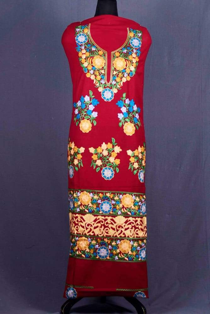 Isolate Maroon colour Woolen Aari Work Suit With Multi