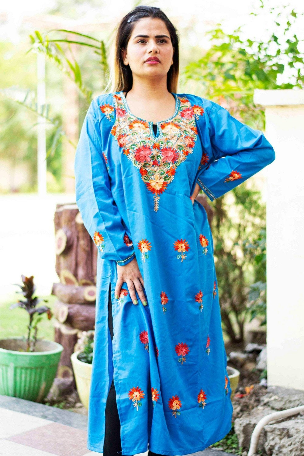 Kashmiri Blue Colour Cotton Kurti With Beautiful Aari
