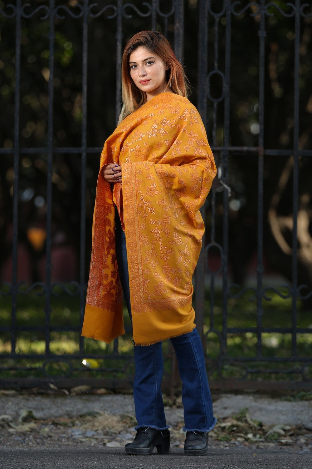 Kashmiri Mustard Color Kani Stole With Graceful Dense Zari