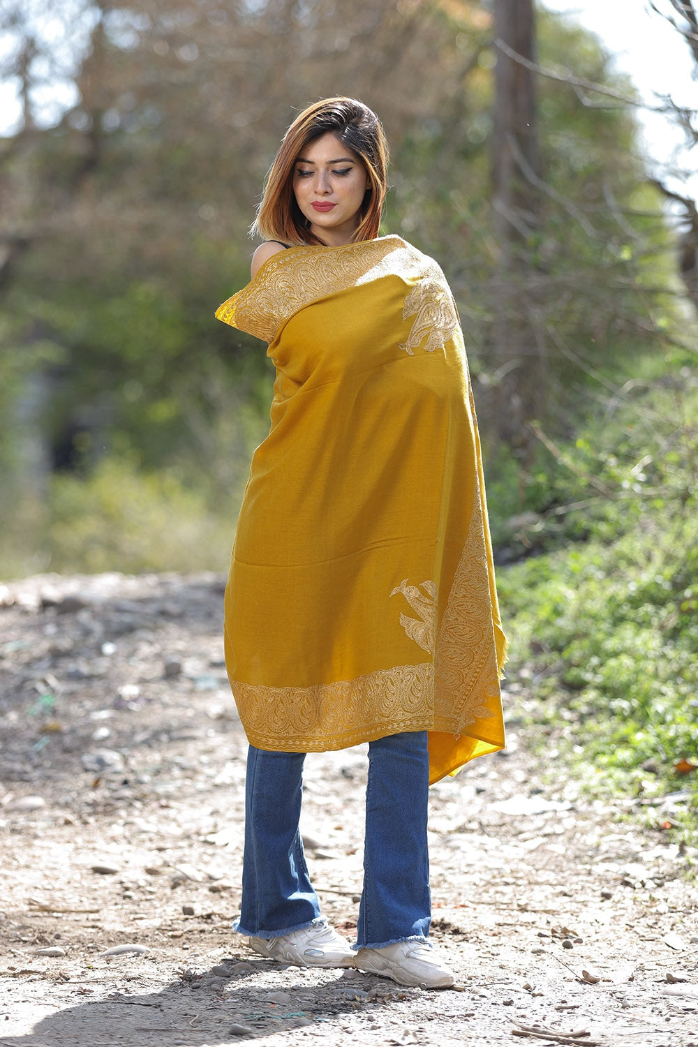 Kashmiri Mustard Color Shawl With Tilla Work Gives A Trendy
