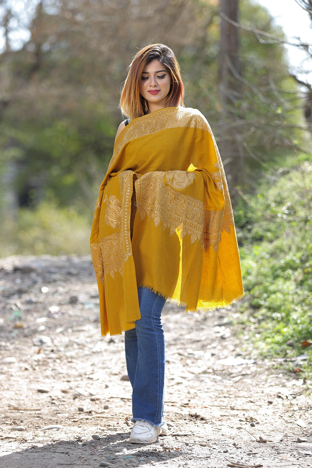 Kashmiri Mustard Color Shawl With Tilla Work Gives A Trendy