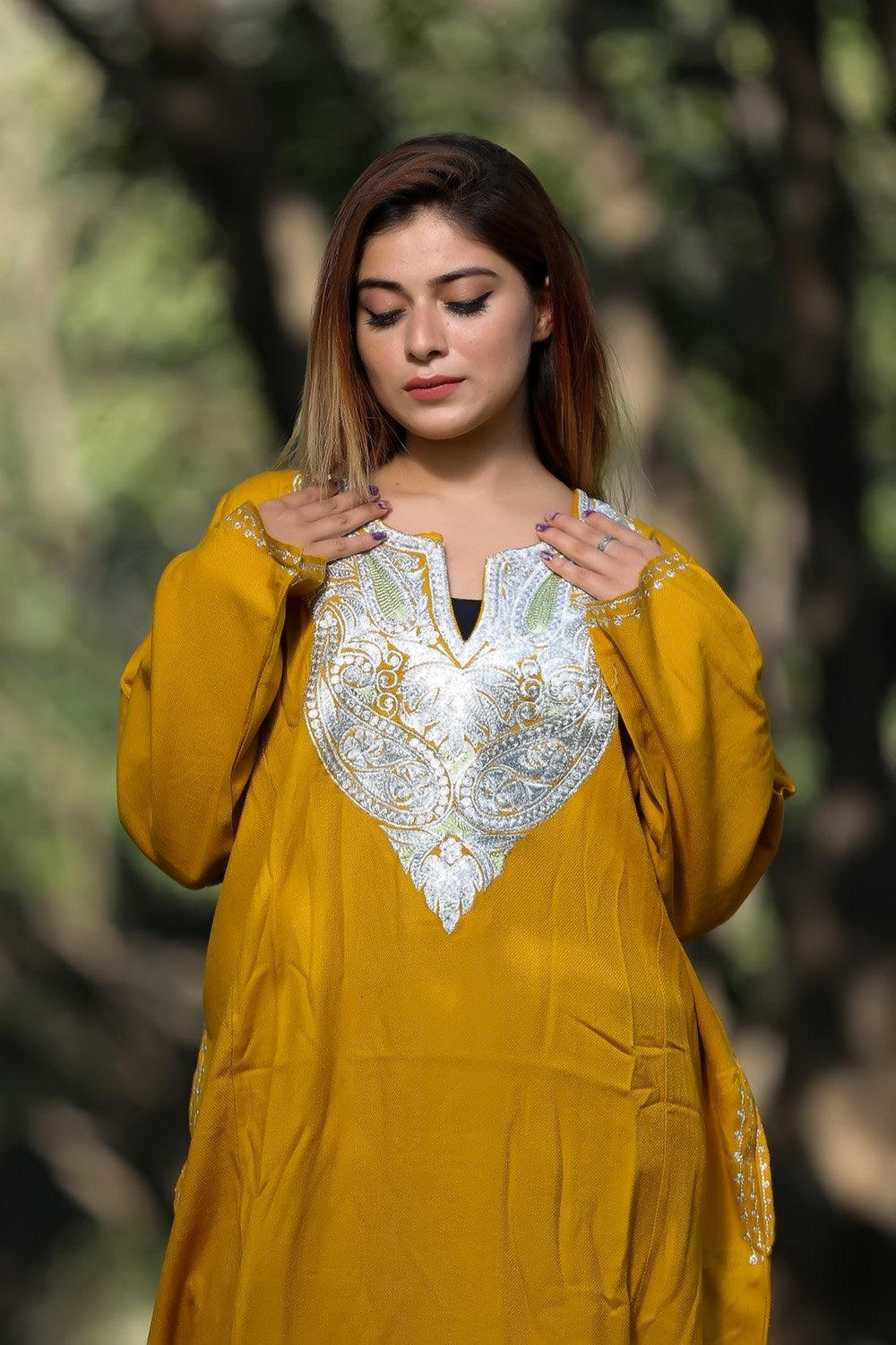 Kashmiri Mustard Color Work Embroidered Phiran Enriched
