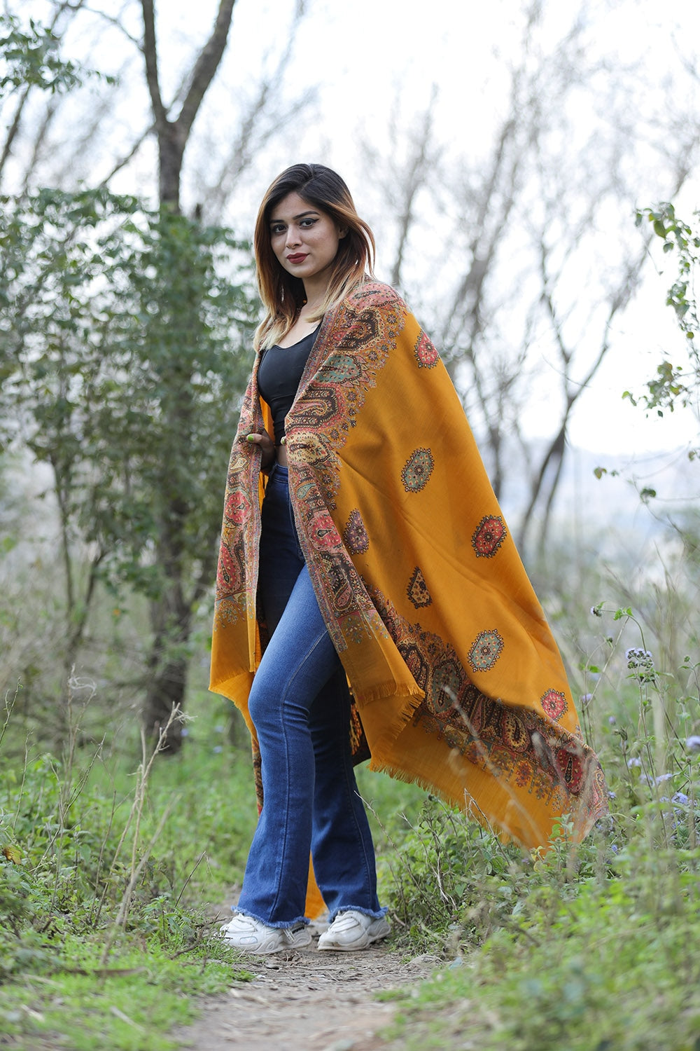 Kashmiri Mustard Colour Shawl With Flower Pattern Style