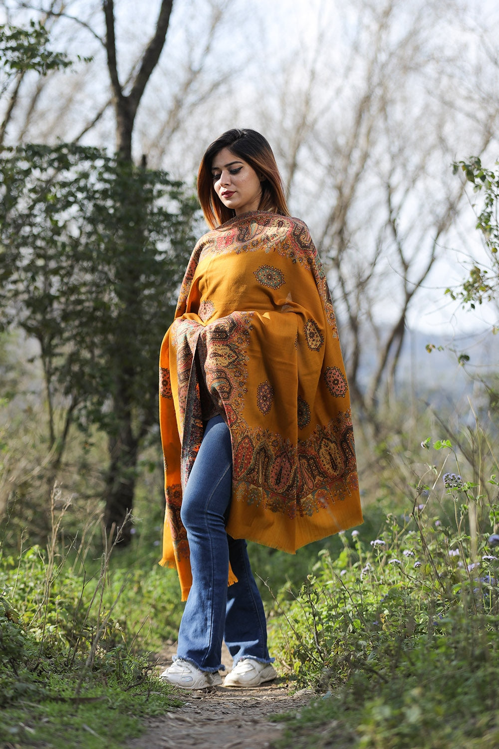 Kashmiri Mustard Colour Shawl With Flower Pattern Style