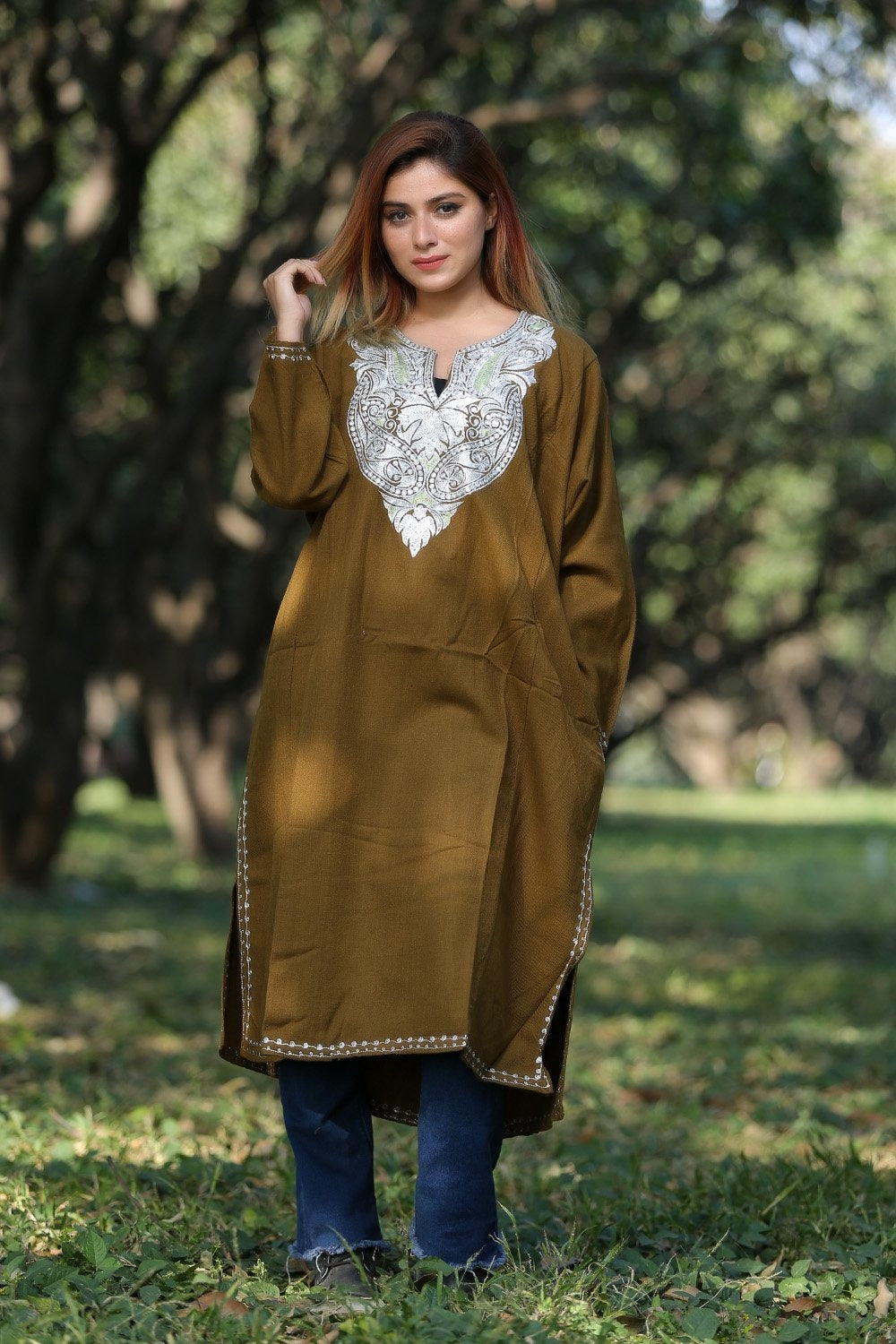 Khaki Green Color Kashmiri Work Embroidered Phiran Enriched