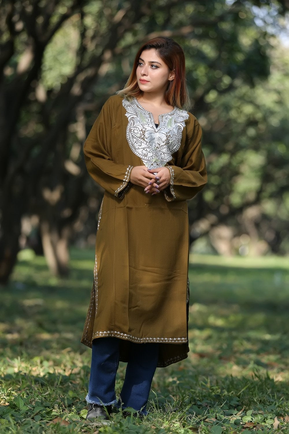 Khaki Green Color Kashmiri Work Embroidered Phiran Enriched