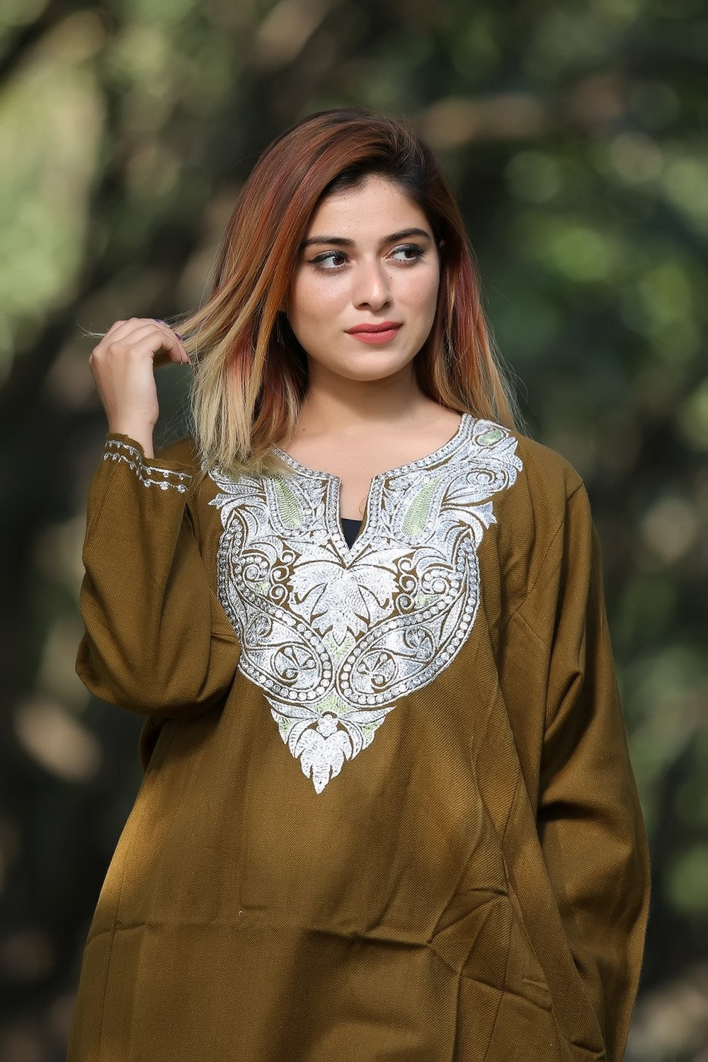 Khaki Green Color Kashmiri Work Embroidered Phiran Enriched