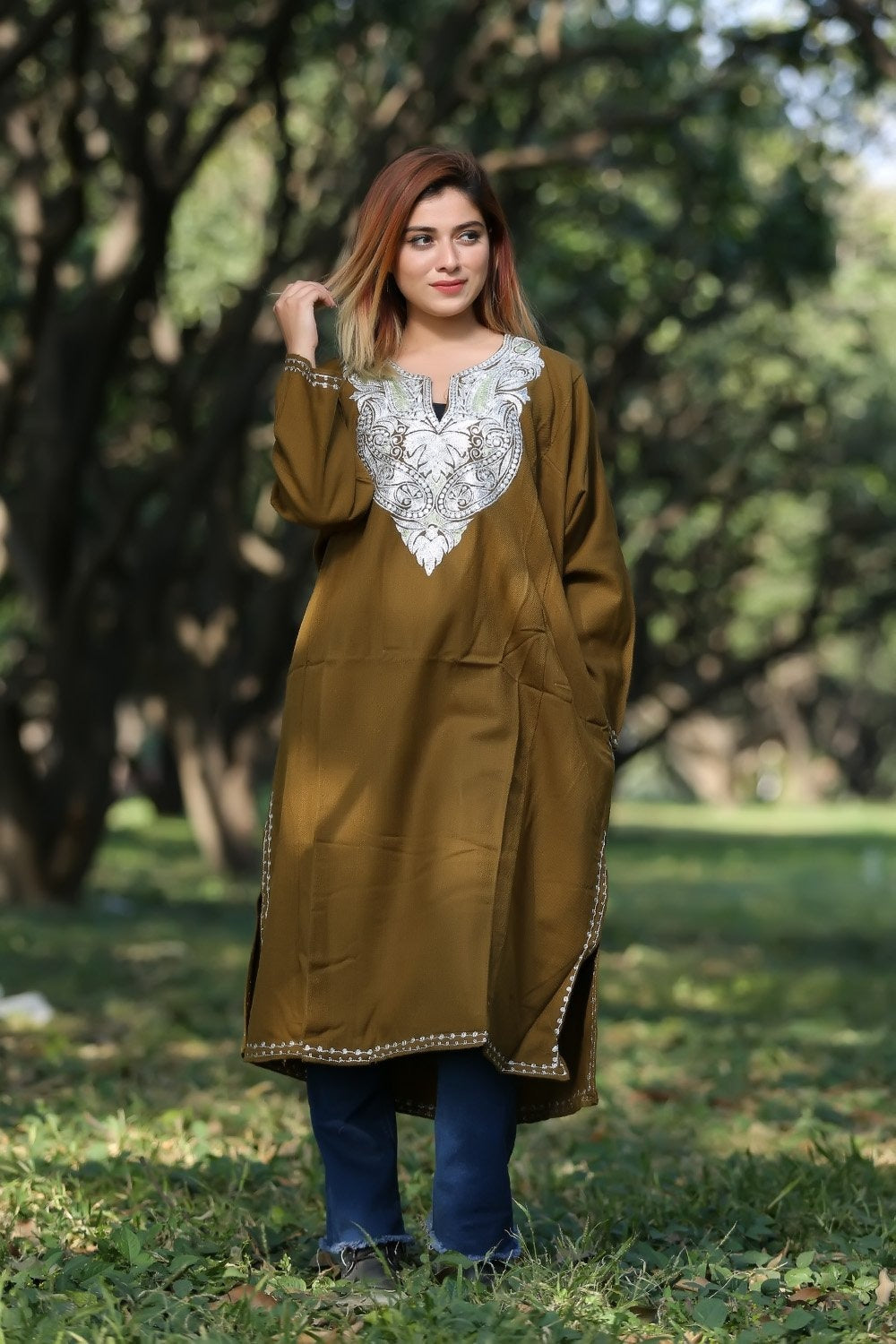 Khaki Green Color Kashmiri Work Embroidered Phiran Enriched
