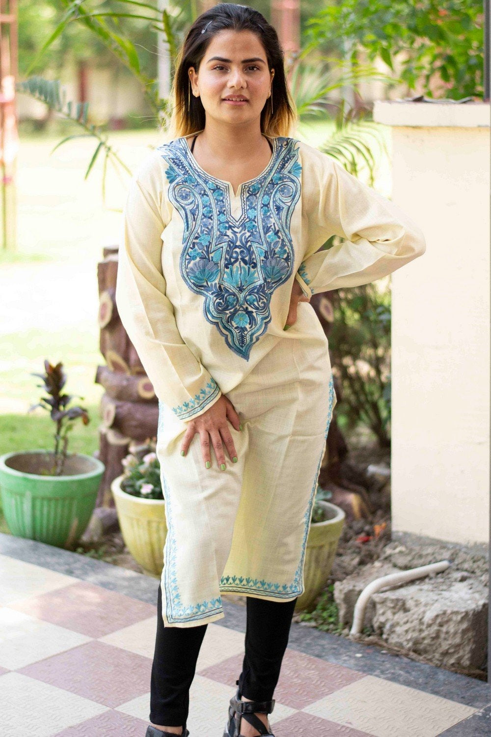 Lemon Colour Cotton Kurti With Beautiful Aari Embroidery