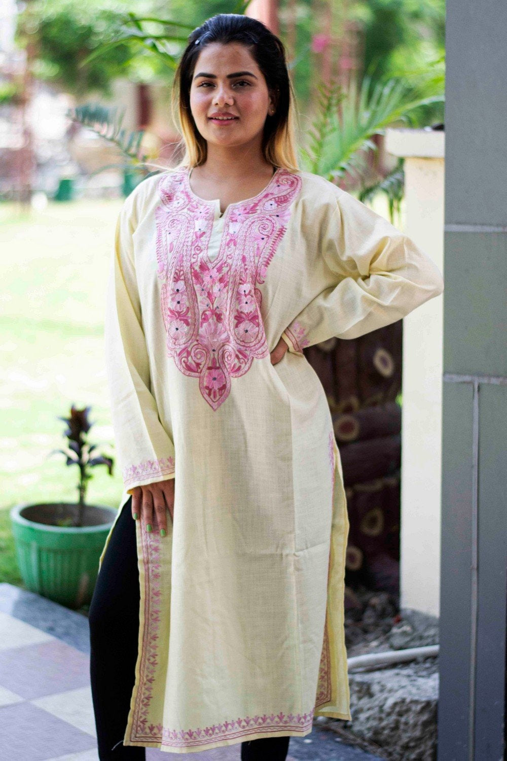 Lemon Colour Cotton Kurti With Beautiful Aari Embroidery