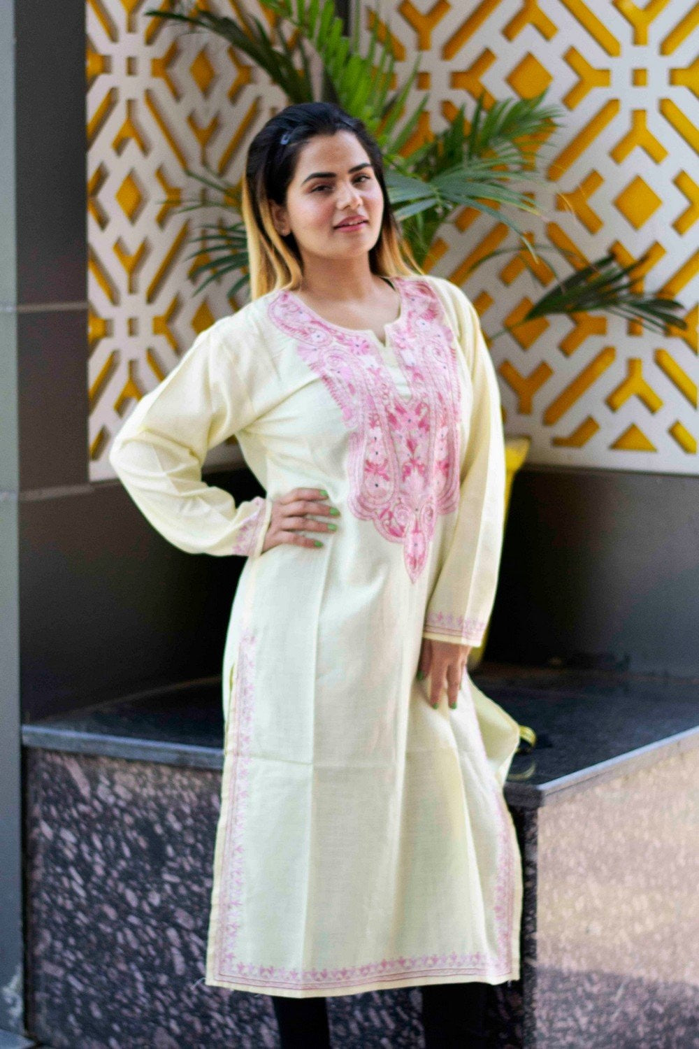 Lemon Colour Cotton Kurti With Beautiful Aari Embroidery