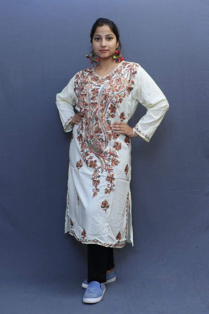 White Colour Cotton Kurti With Fine Woven Kashmiri