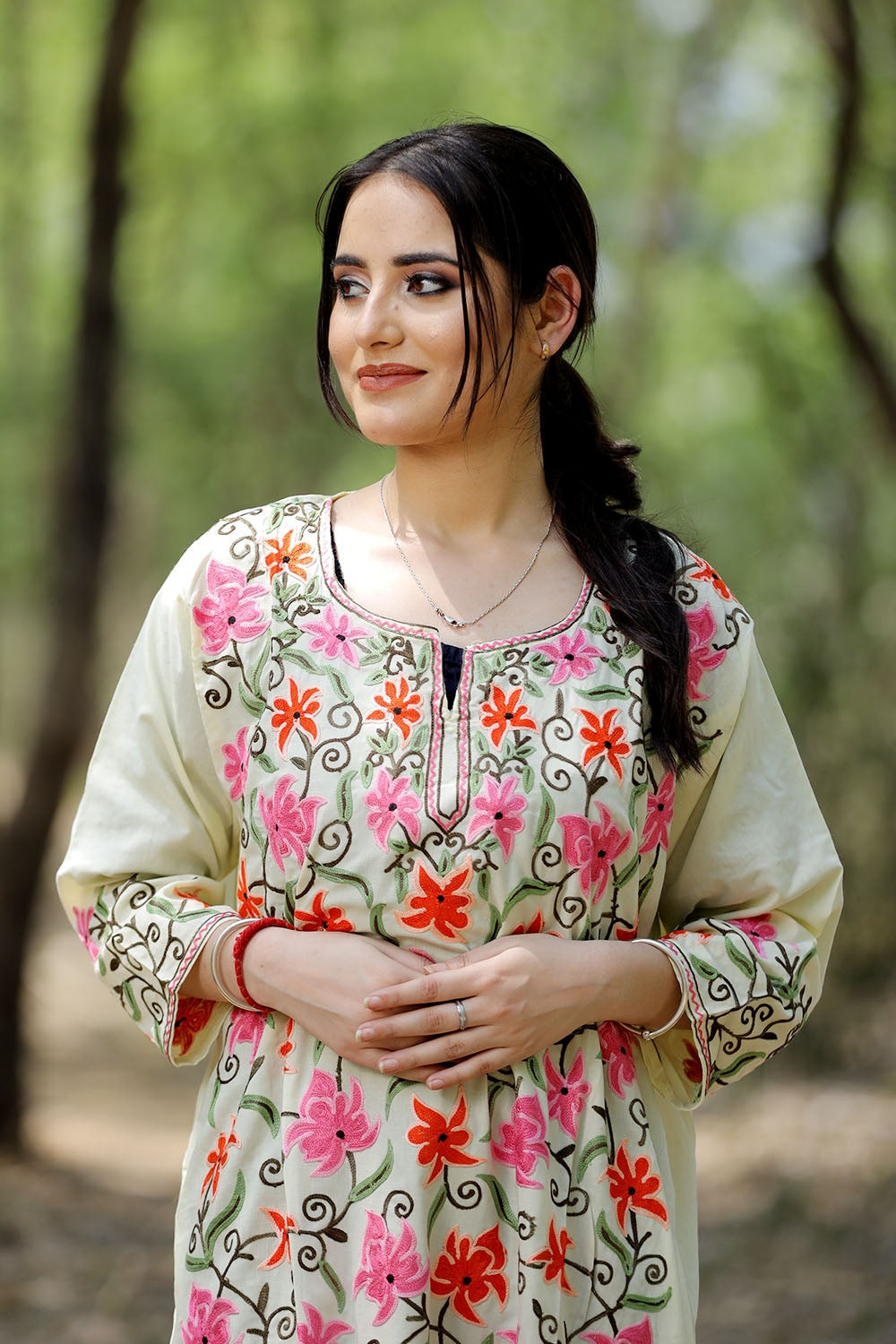 Lemon Colour Cotton Kurti With Multicolour Embroidered Jaal