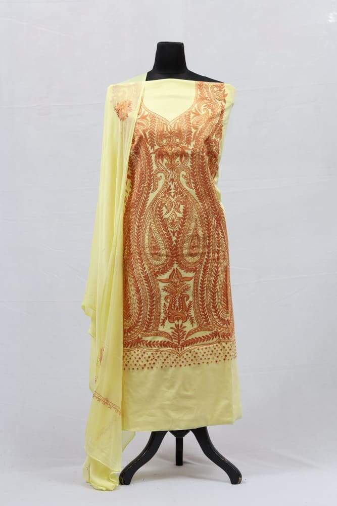 Lemon Colour Kashmiri Aari Work Embroidered Cotton Suit