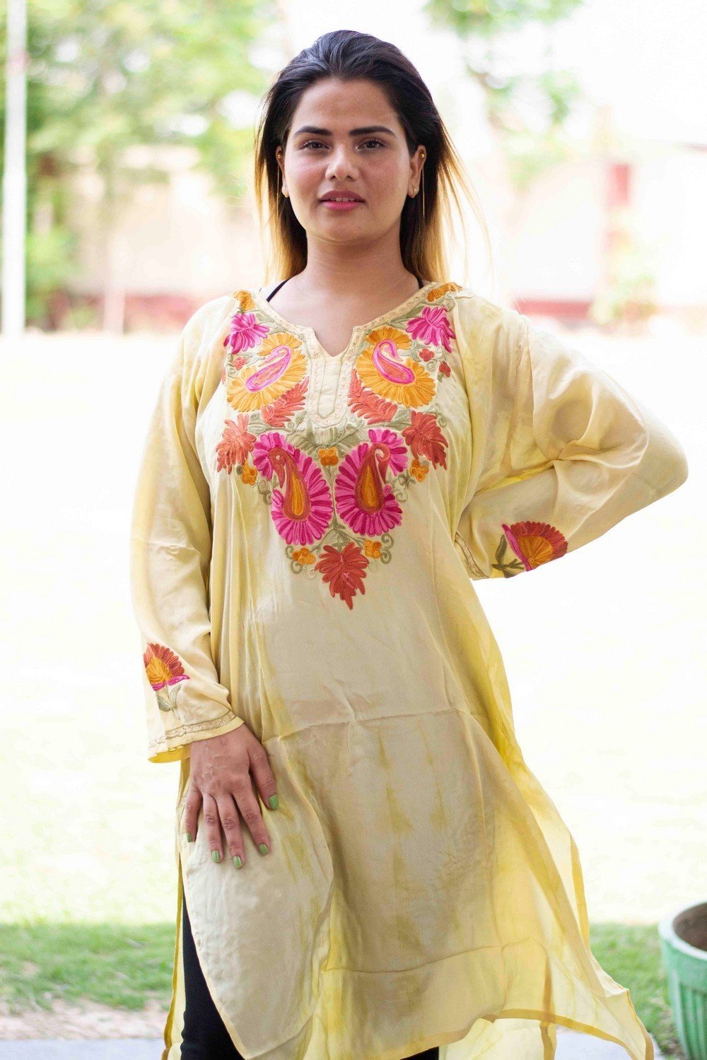 Lemon Colour Kashmiri Kurti With Beautiful Aari Embroidery