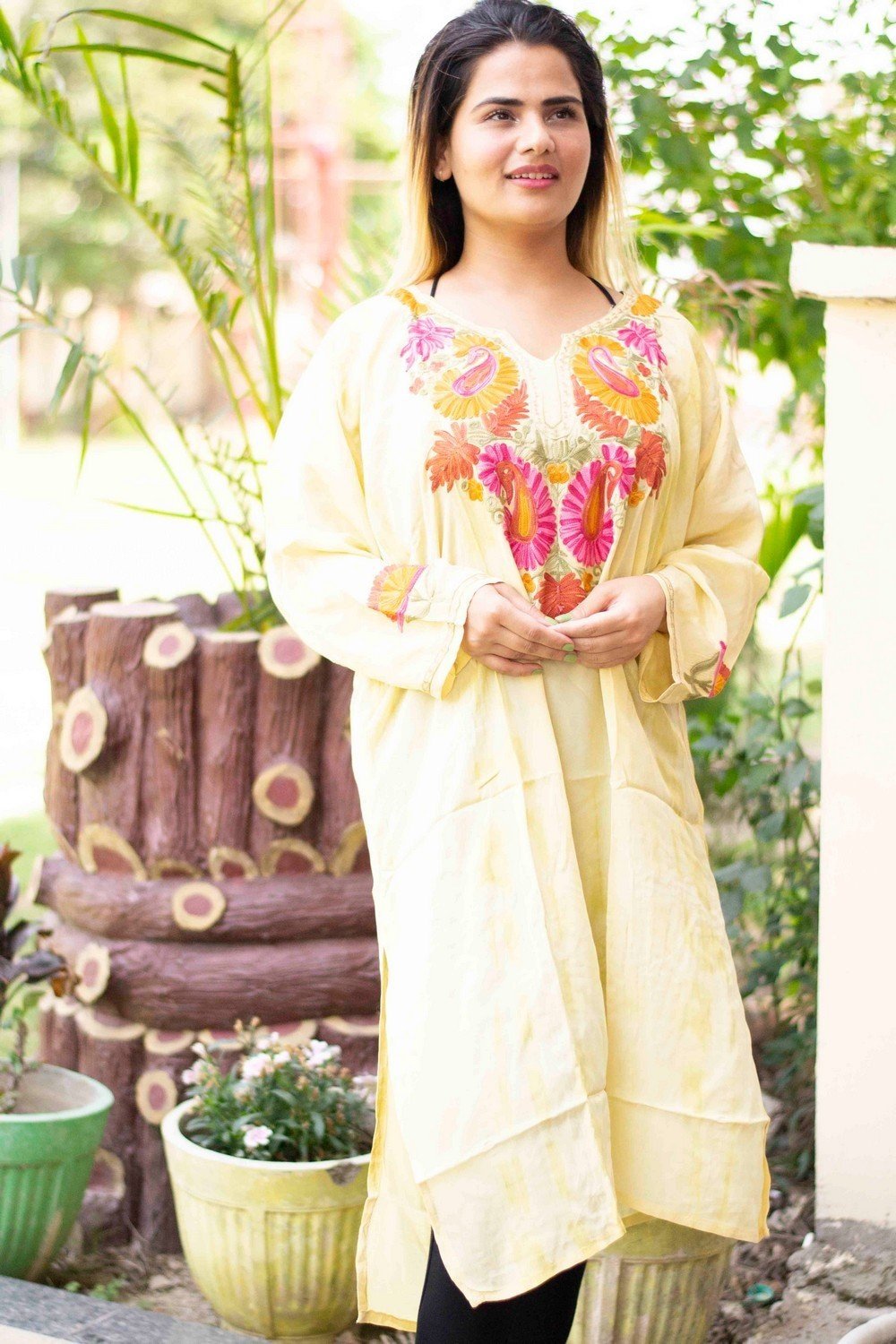 Lemon Colour Kashmiri Kurti With Beautiful Aari Embroidery