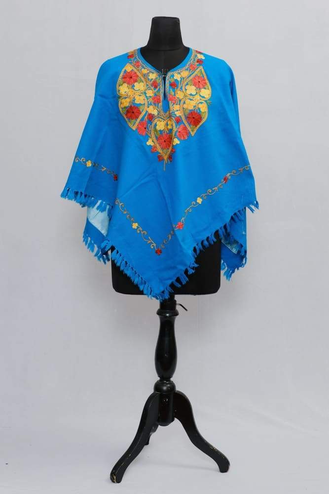 Light Blue Colour Ponchu With Elegant Kashmiri Embroidery.