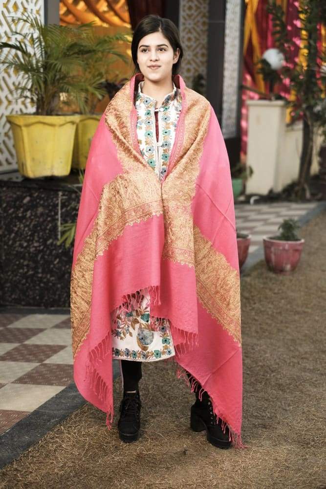 Light Pink Color Kashmiri Shawl With Tilla Work Gives