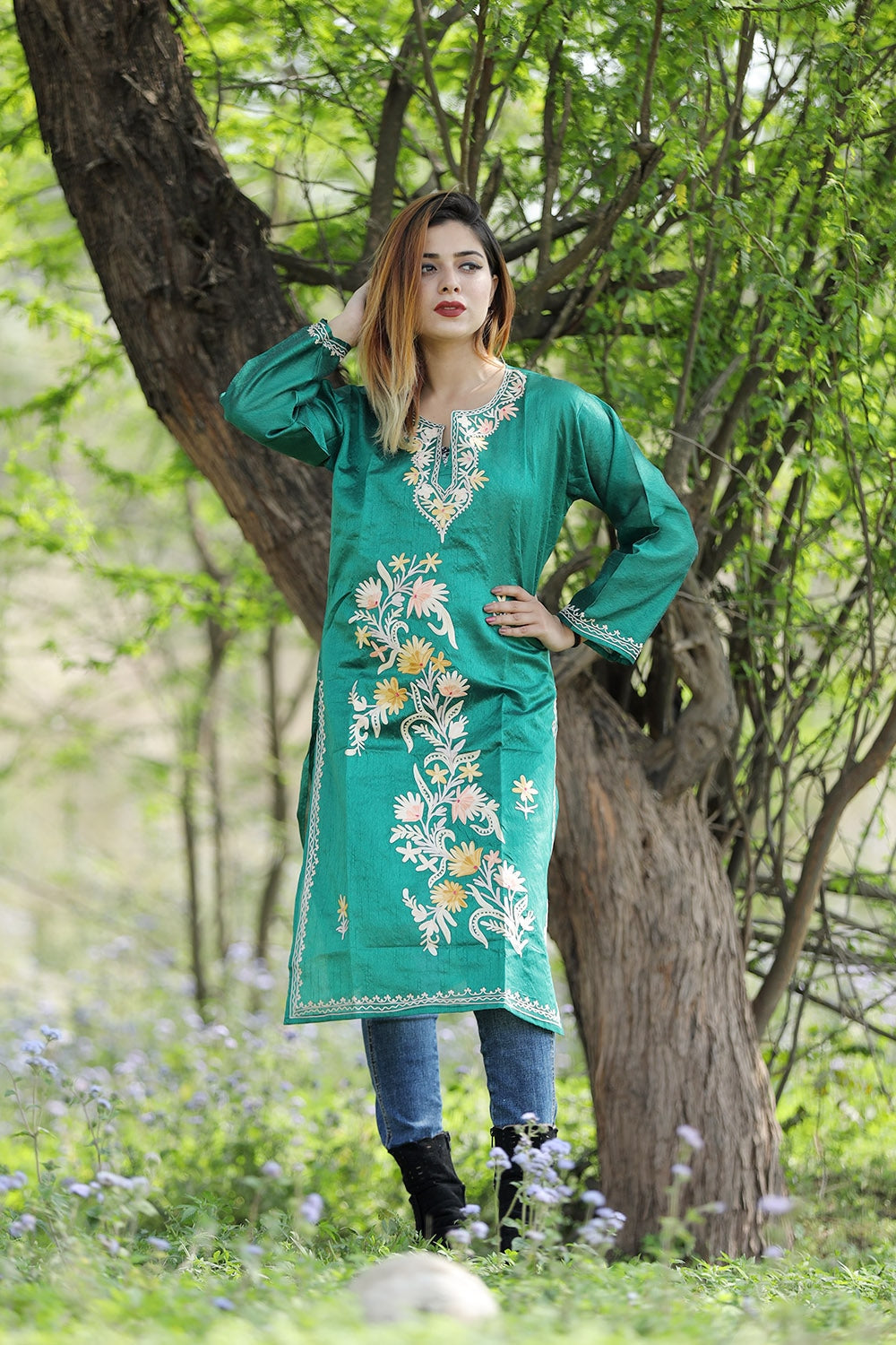 Lovely Bottle Green Colour Rayon Silk Kurti With Beautiful