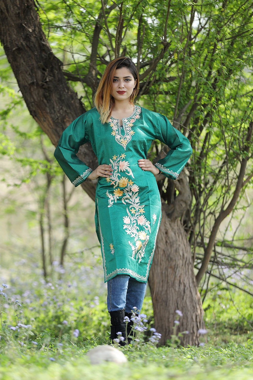 Lovely Bottle Green Colour Rayon Silk Kurti With Beautiful