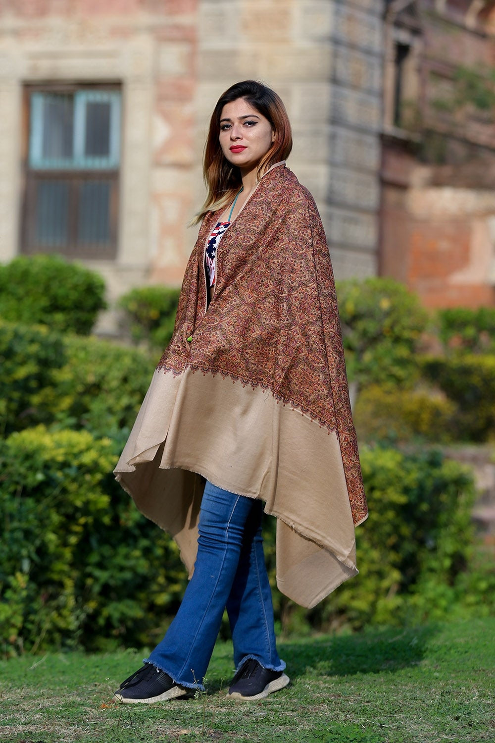 Lovely Shade Of Beige Color Embroidered Sozni Shawl Enriched