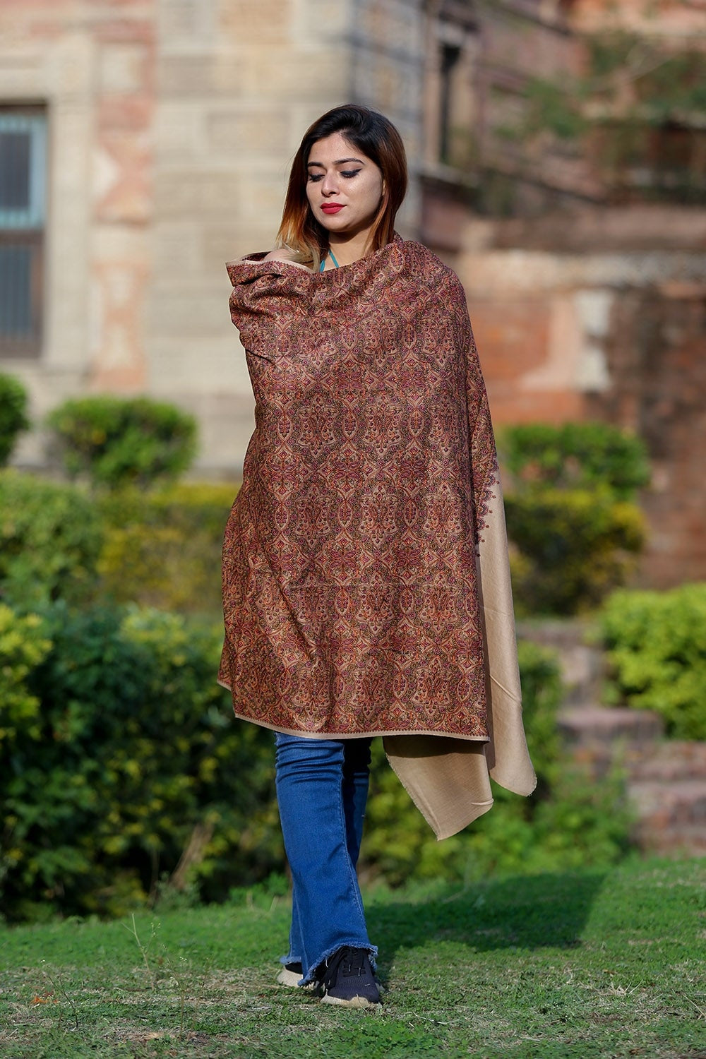 Lovely Shade Of Beige Color Embroidered Sozni Shawl Enriched