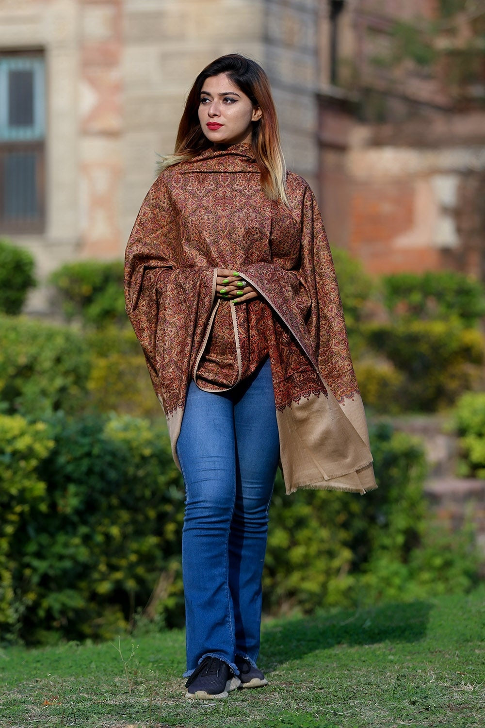 Lovely Shade Of Beige Color Embroidered Sozni Shawl Enriched