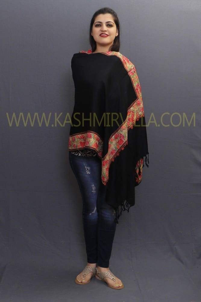 Magical Black Colour Sozni Work Handwoven Stole On Pashmina