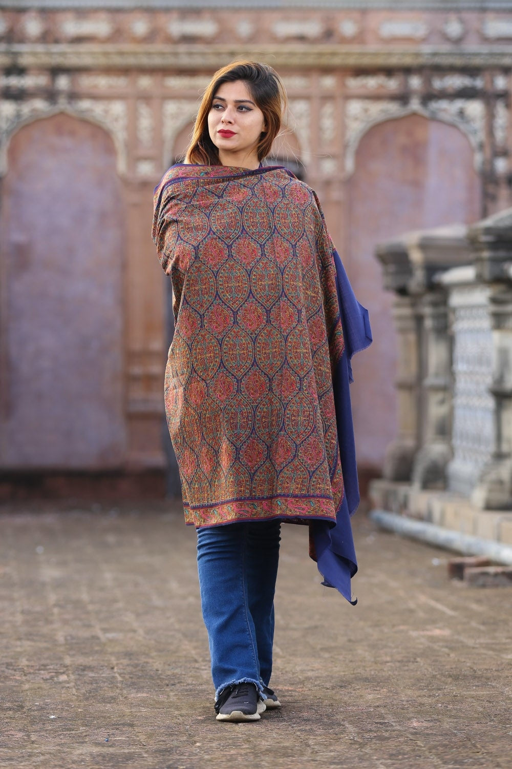 Magical Navy Blue Colour Embroidered Sozni Shawl Enriched