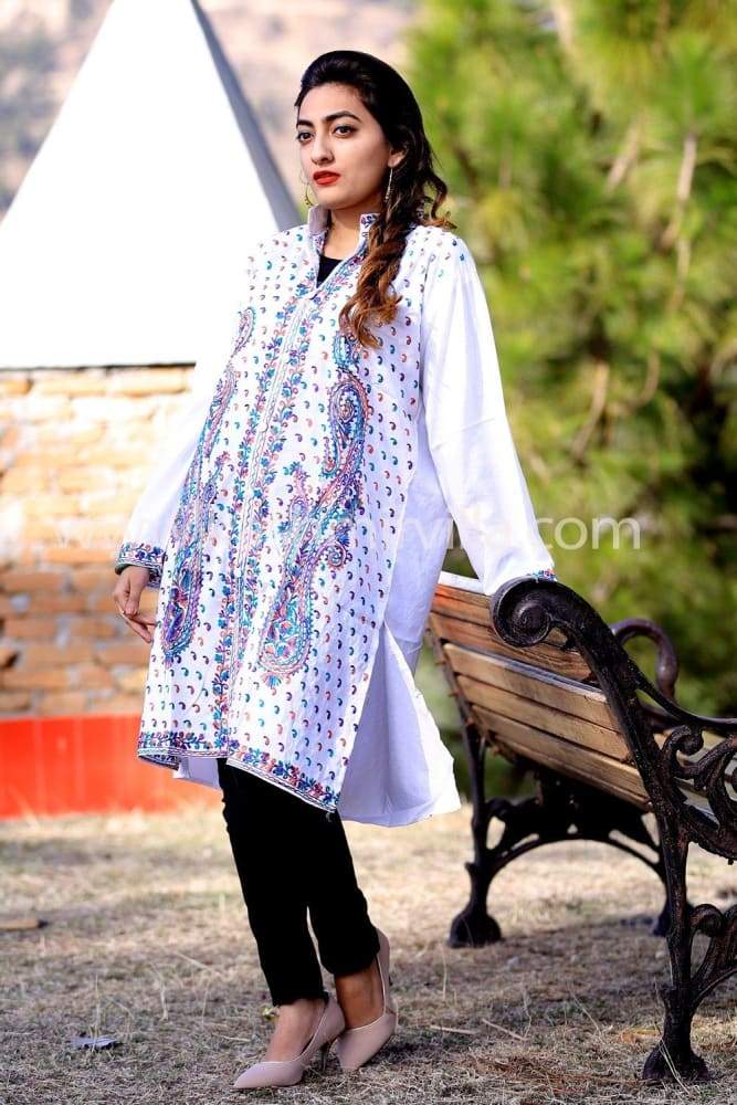 Magical White Color Kashmiri Aari Work Embroidered Kurti