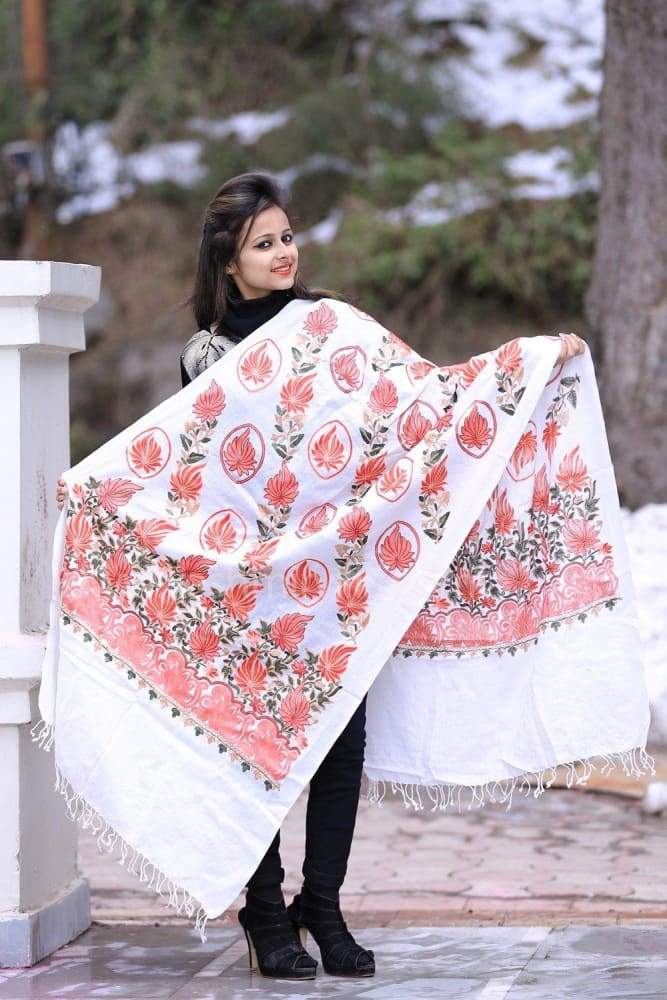 Magical White Kashmiri Aari Work Embroidered Stole Enriched