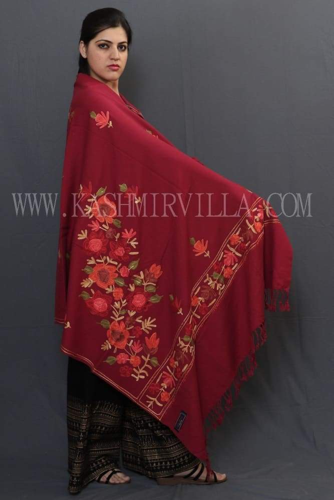 Maroon Color Aari Work Embroidered Shawl Enriched