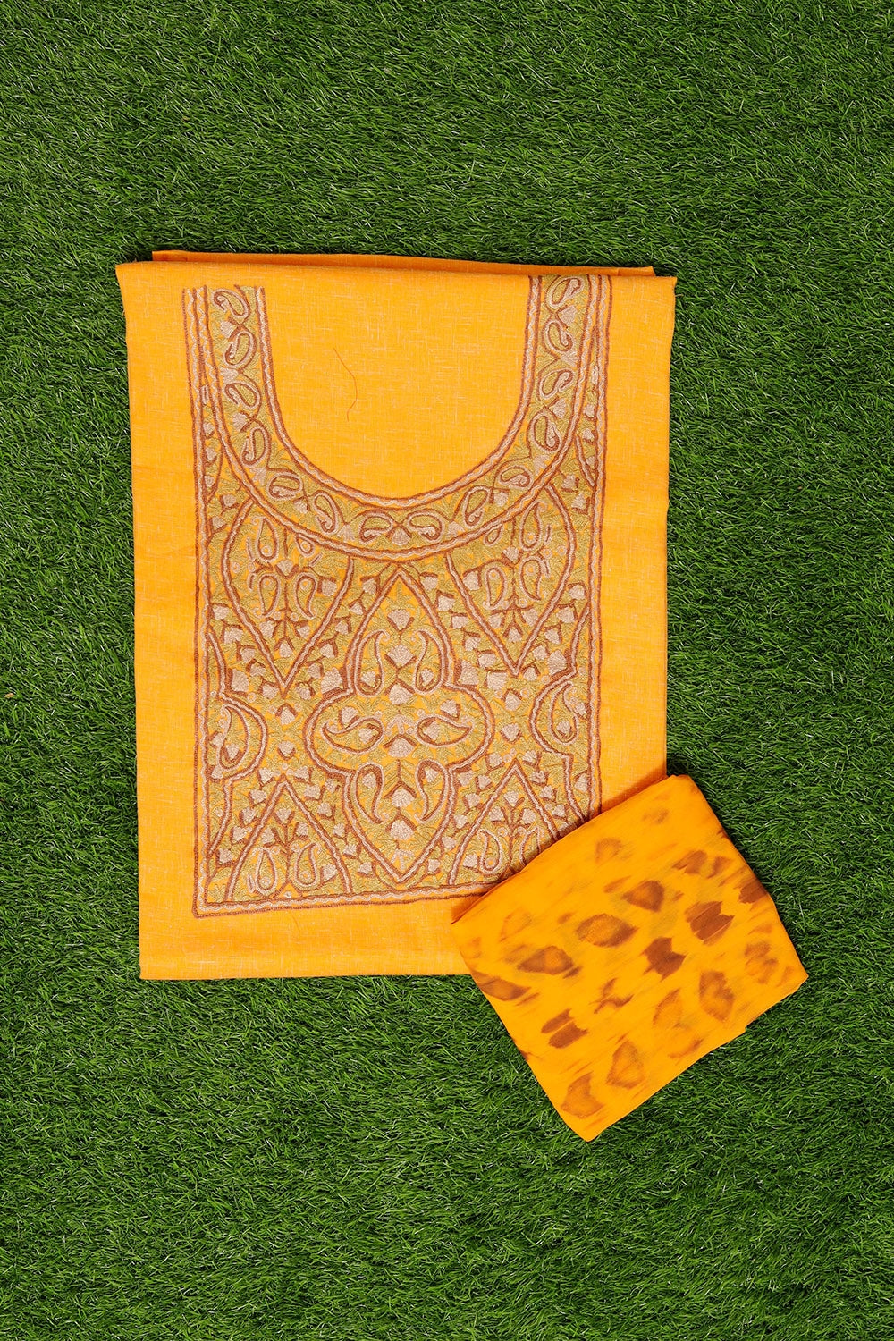 Mango Yellow Colour Cotton Suit With Beautiful Kashmiri
