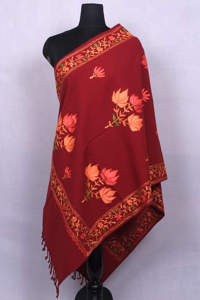 Maroon Color Kashmiri Aari Work Embroidered Stole Enriched