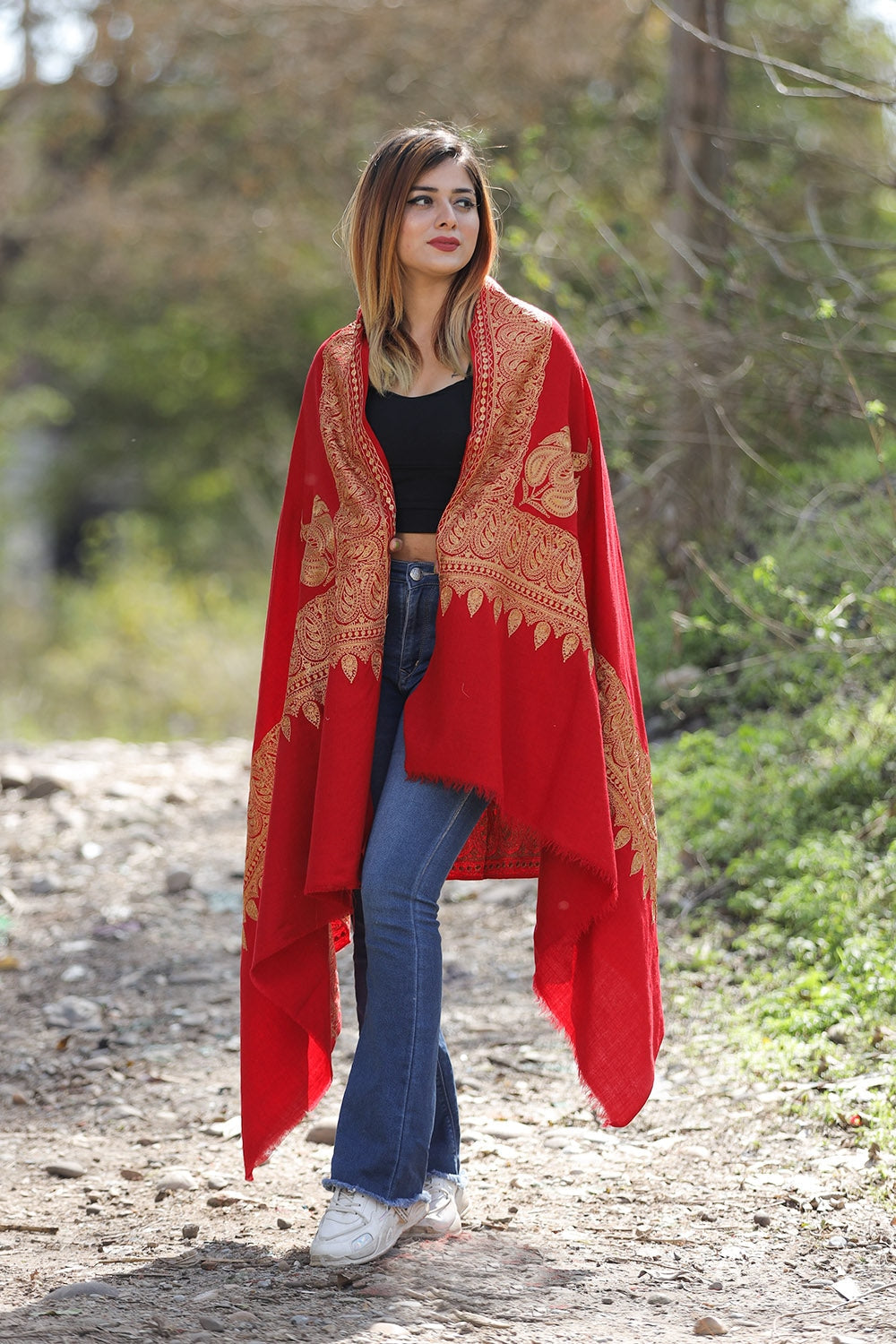 Maroon Color Kashmiri Shawl With Tilla Work Gives A Trendy
