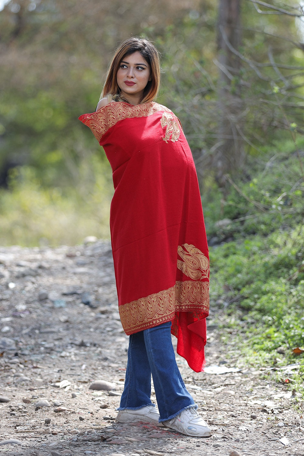 Maroon Color Kashmiri Shawl With Tilla Work Gives A Trendy