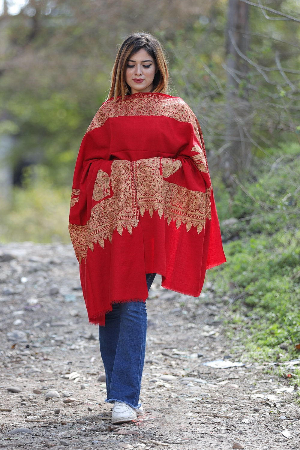 Maroon Color Kashmiri Shawl With Tilla Work Gives A Trendy