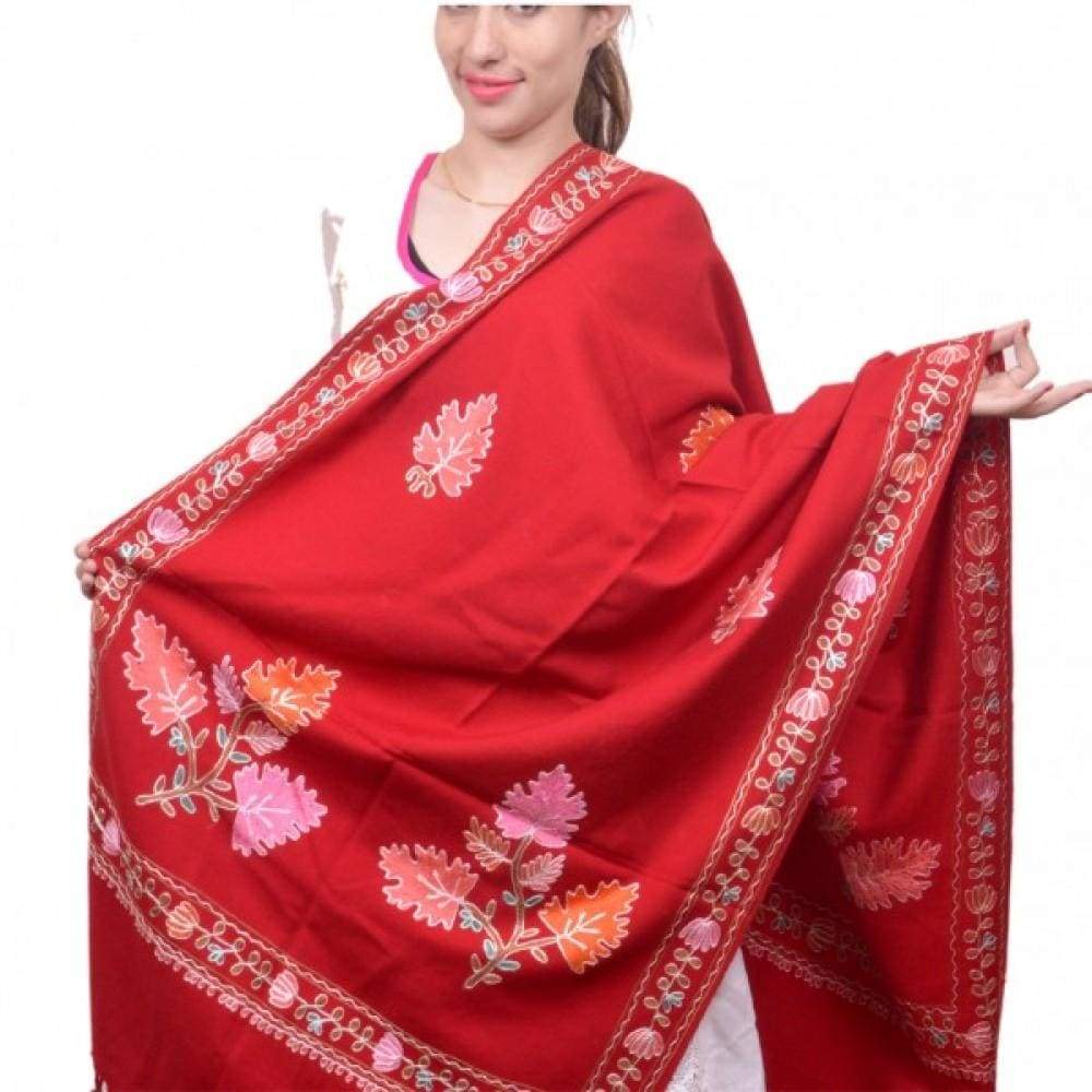 Maroon Color Kashmiri Sozni Work Embroidered Stole Enriched