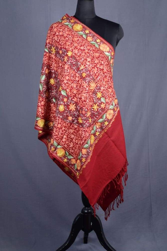 Maroon Color Kashmiri Work Embroidered Stole Enriched