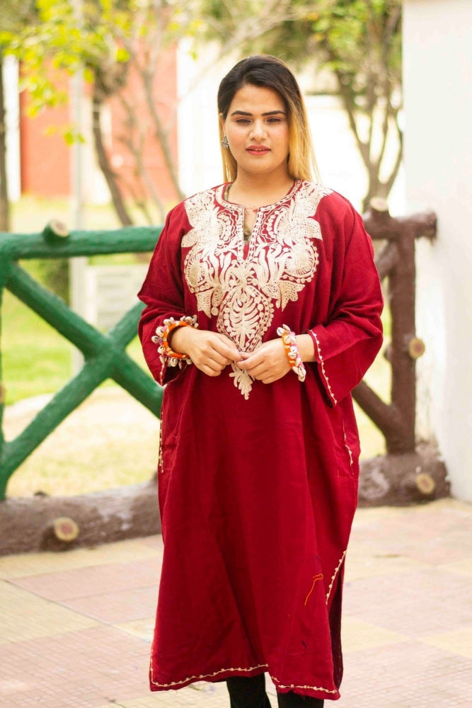 Maroon Color Kashmiri Zari Work Embroidered Phiran Enriched
