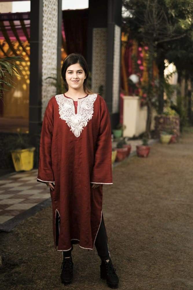 Maroon Color Tila Work Phiran Enriched Designer Neckline