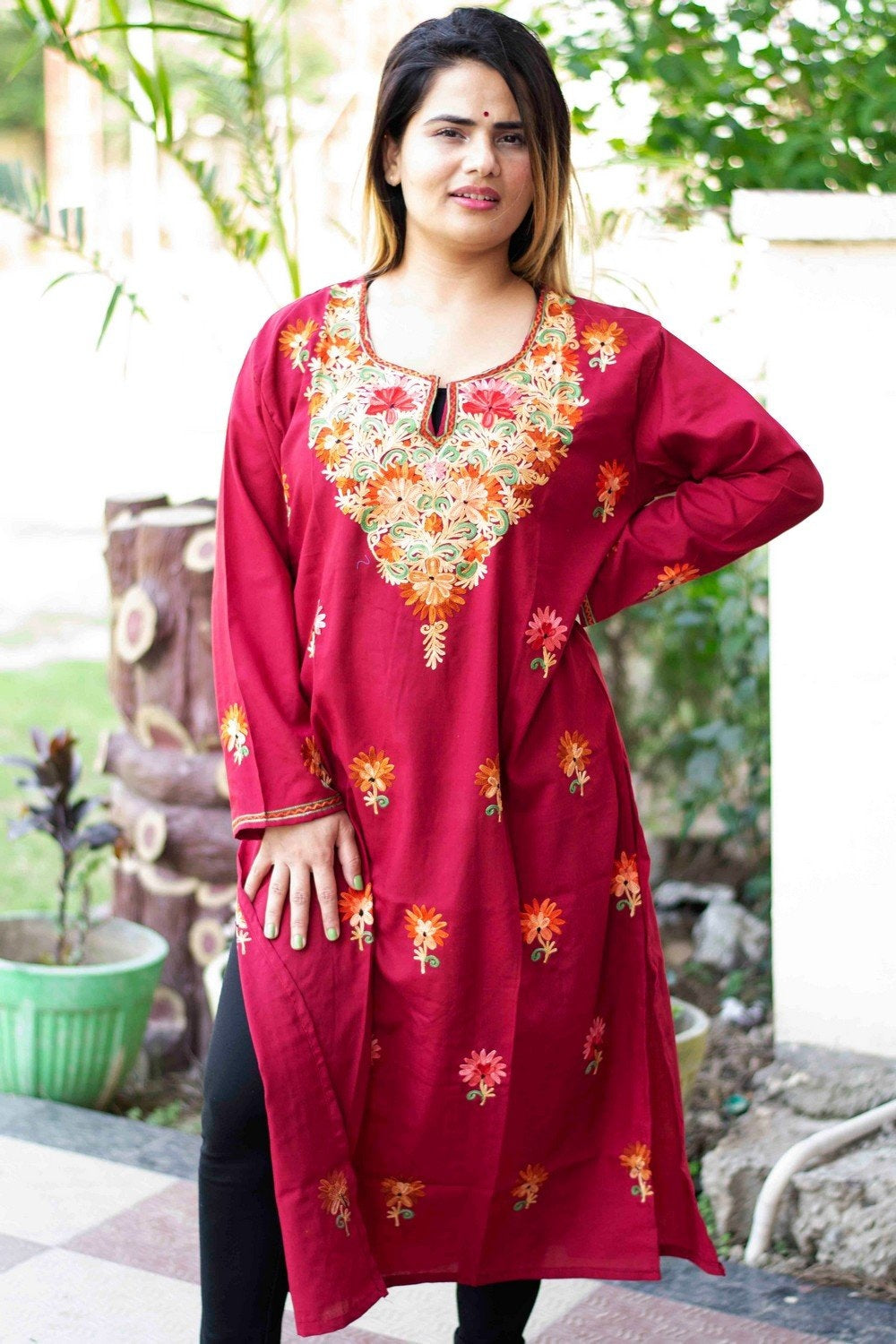 Maroon Colour Cotton Kurti With Beautiful Aari Embroidery