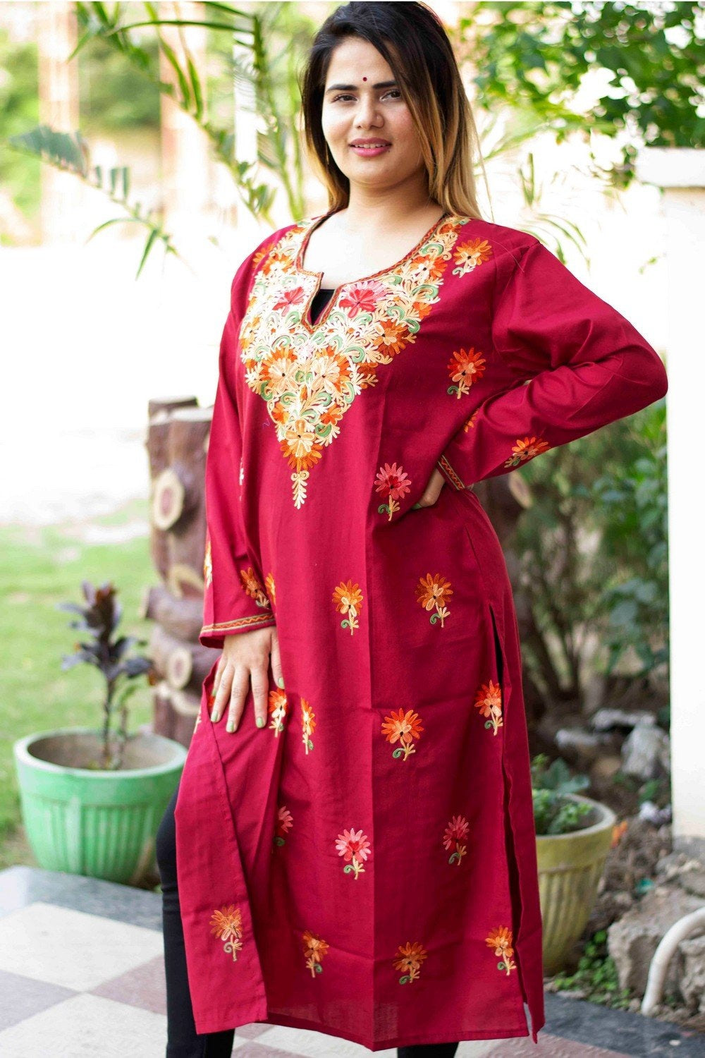 Maroon Colour Cotton Kurti With Beautiful Aari Embroidery