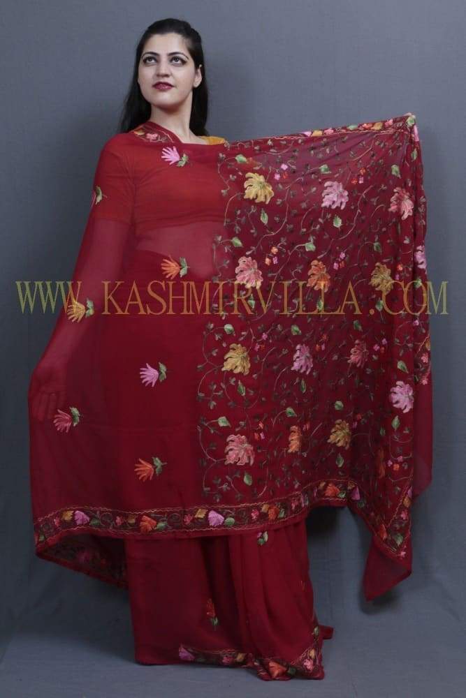 Maroon Colour Kashida Work Saree With Wonderful Designing